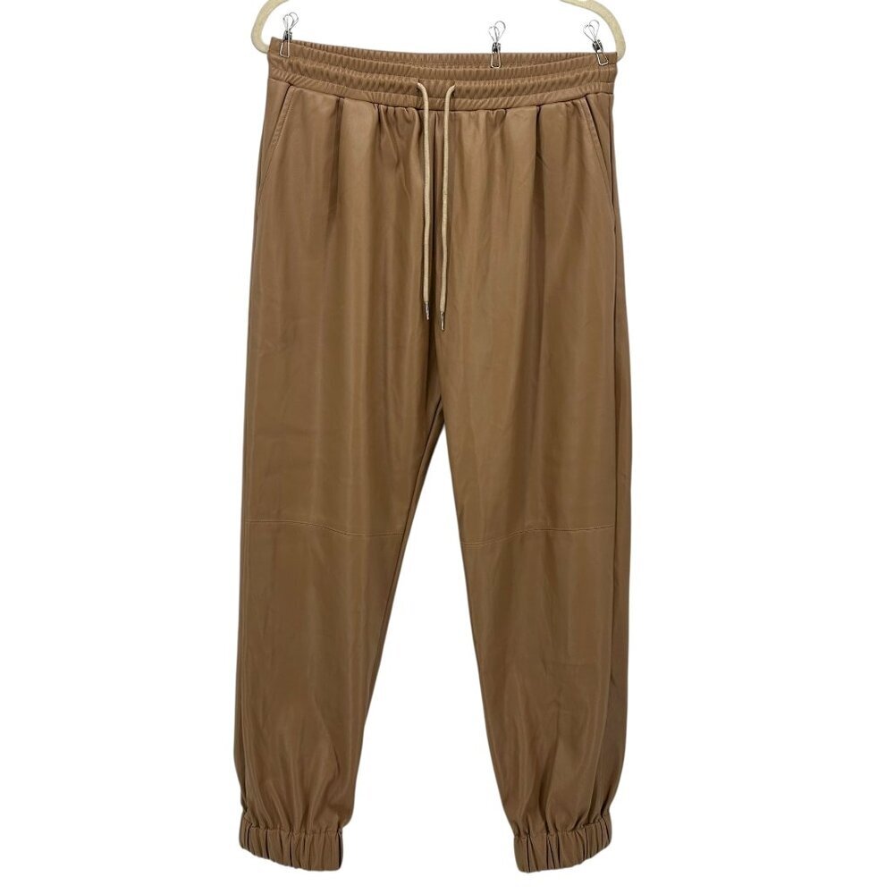 NEW Aaron & Amber Womens Large Pants Faux Leather Tan Joggers Pull On Drawstring